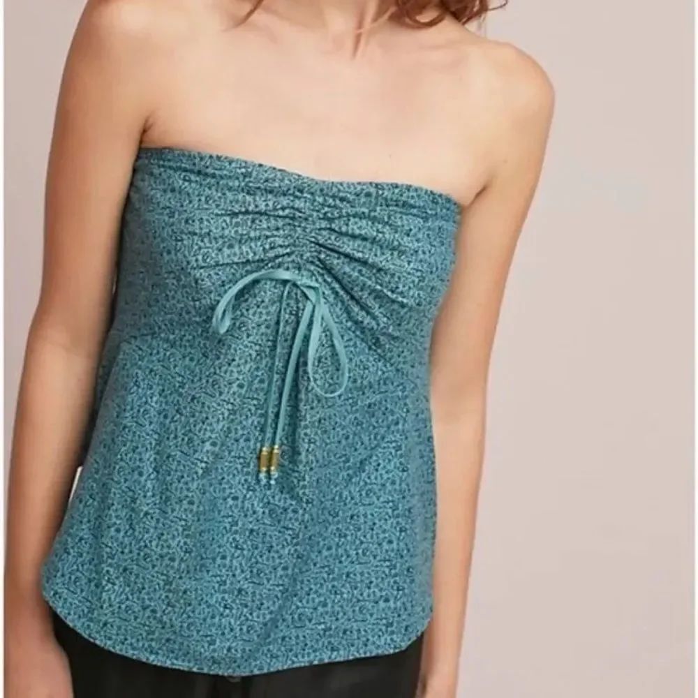 Anthropologie Maeve Teal Cannes Hieroglyphic Pattern Strapless Top